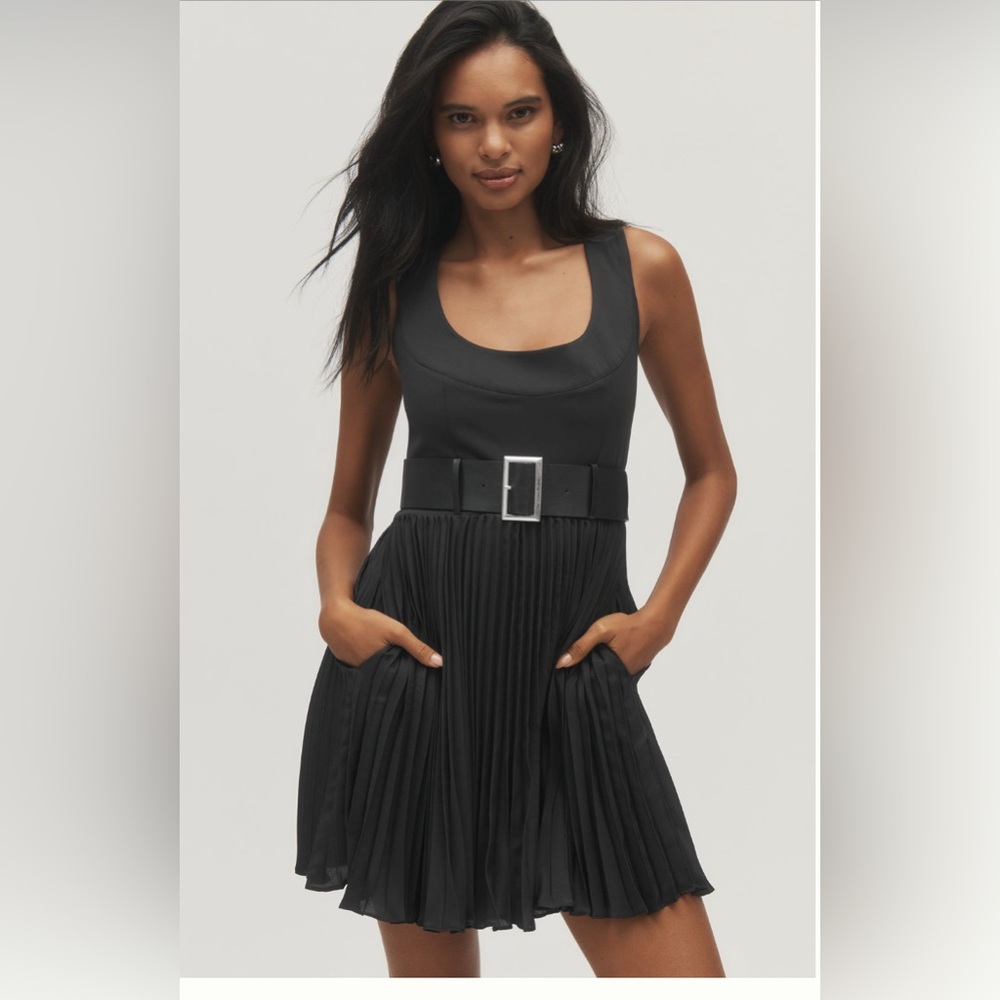 Maeve Sleeveless Pleated Mini Dress Black with Belt NWT XL